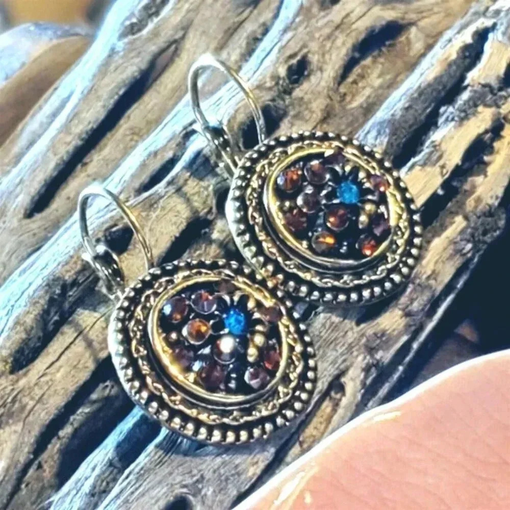 Art Nouveau Style Antique Brass Orange Blue Rhinestone Earrings 34$